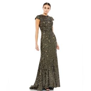 Mac Duggal Sequin High‎ Neck Cap Sleeve Gown- NWT